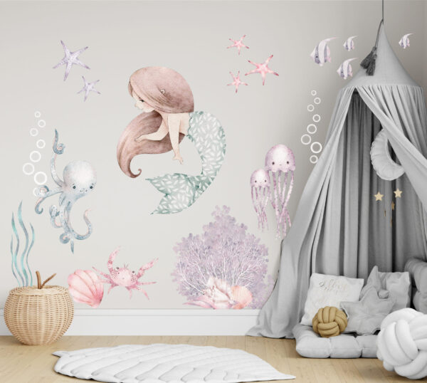 Watercolor mermaid princesses with pink tails and sea shells wall decals