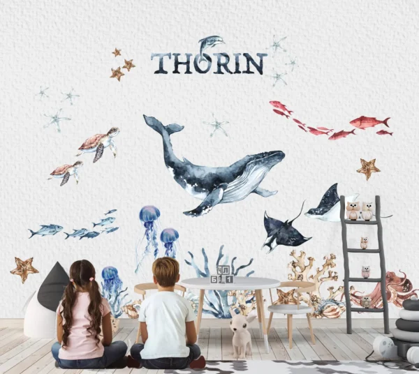 Personalized watercolor blue whale with child name nursery wall decal set