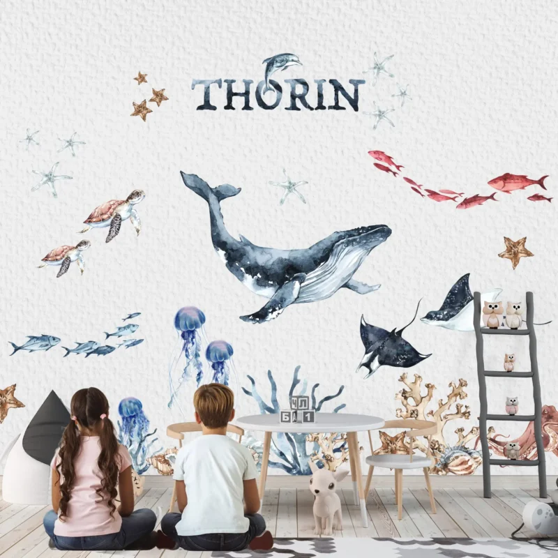 Personalized watercolor blue whale with child name nursery wall decal set