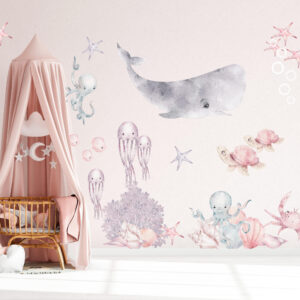 Large watercolor blue humpback whale and baby calf nursery wall decals