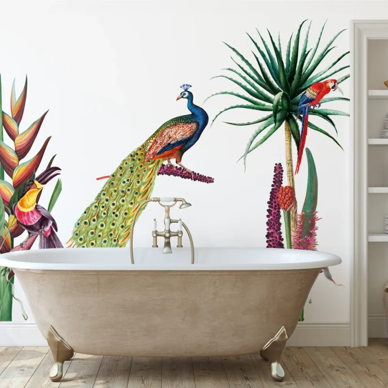 Colorful watercolor tropical parrot on exotic tree branch nursery wall decal.