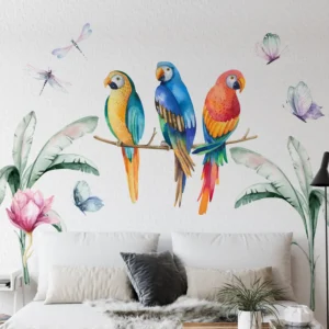 Watercolor exotic macaw parrots with green palm leaves jungle wall stickers.