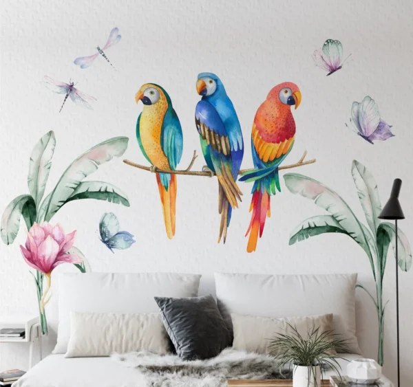 Watercolor exotic macaw parrots with green palm leaves jungle wall stickers.