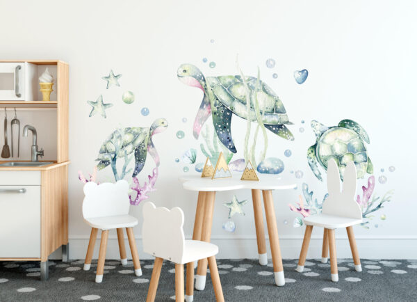 Detailed watercolor green sea turtle and baby hatchling nursery wall decals