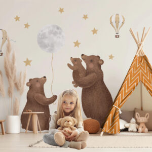 Watercolor brown bear family with mother grizzly and two small cubs stickers