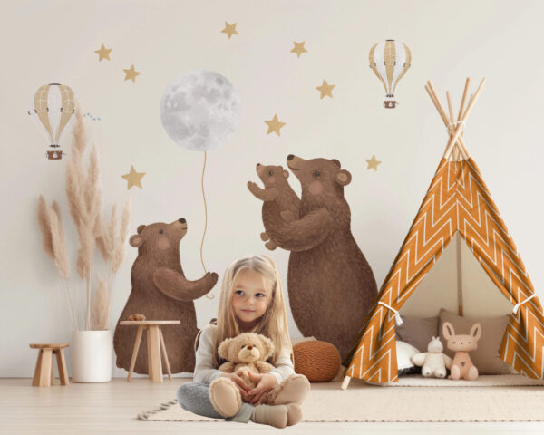 Watercolor brown bear family with mother grizzly and two small cubs stickers