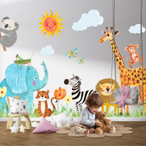 Watercolor baby tiger monkey and toucan nursery wall decals with jungle leaves