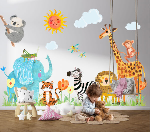 Watercolor baby tiger monkey and toucan nursery wall decals with jungle leaves