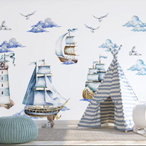 Large watercolor vintage pirate ship with brown sails nursery wall decal