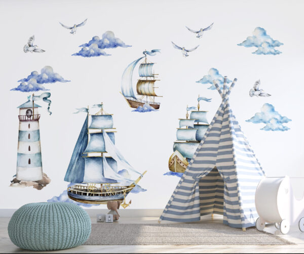 Large watercolor vintage pirate ship with brown sails nursery wall decal