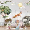 Tropical jungle safari wall decals with palm leaves and exotic watercolor animals.