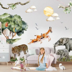 Tropical jungle safari wall decals with palm leaves and exotic watercolor animals.