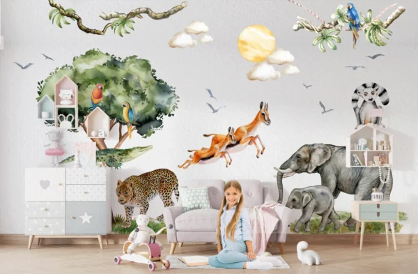 Tropical jungle safari wall decals with palm leaves and exotic watercolor animals.