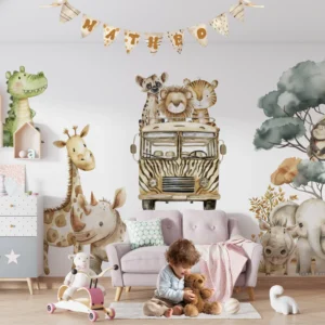 Watercolor safari animals wall decals with lion elephant giraffe and zebra nursery stickers.
