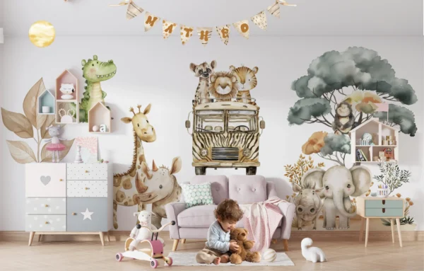 Watercolor safari animals wall decals with lion elephant giraffe and zebra nursery stickers.