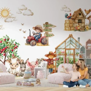 Watercolor Farm Animals Wall Decals - Custom  Name Red Tractor Nursery Stickers