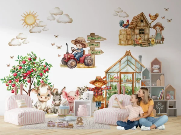 Watercolor Farm Animals Wall Decals - Custom  Name Red Tractor Nursery Stickers