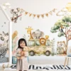 Large watercolor baby elephant and giraffe wall stickers for neutral nursery decor.