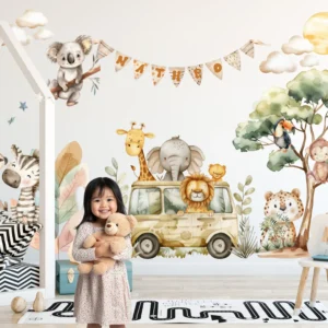 Large watercolor baby elephant and giraffe wall stickers for neutral nursery decor.