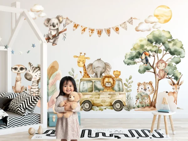 Large watercolor baby elephant and giraffe wall stickers for neutral nursery decor.