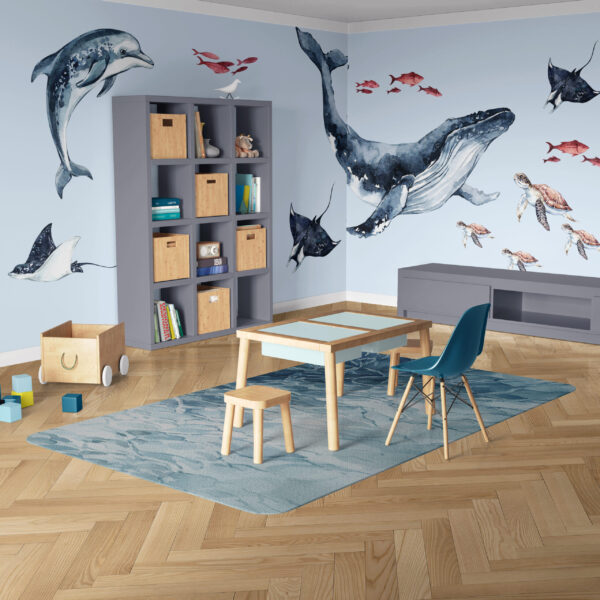 Large personalized watercolor blue whale and sea animals nursery wall decal set
