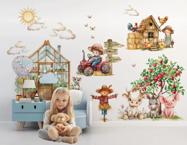 Watercolor Farm Animals Wall Decals - Custom  Name Red Tractor Nursery Stickers