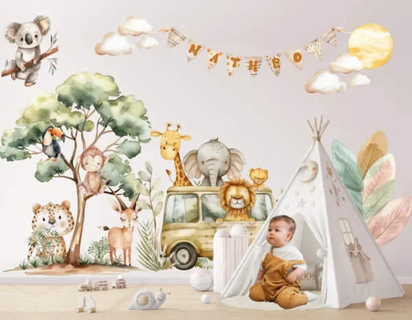 Safari Animals Wall Decals Watercolor Nursery Stickers Lion Elephant Giraffe Kids Room Decor