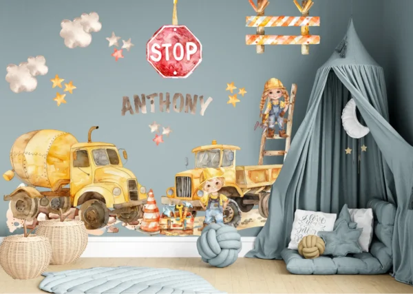 Custom Construction Name Wall Decals Personalized Excavator Stickers Little Builders Nursery Decor