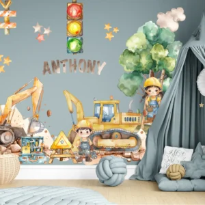 Custom Construction Name Wall Decals Personalized Excavator Stickers Little Builders Nursery Decor