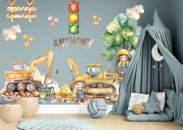 Custom Construction Name Wall Decals Personalized Excavator Stickers Little Builders Nursery Decor